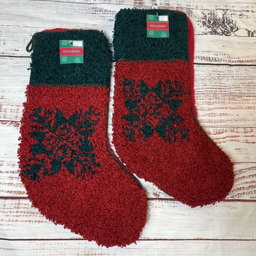 2 New Red Green Christmas Stockings Front Is Looped‎ Chenille Back Is Velvet NOS